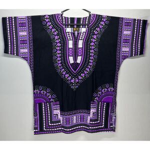 Da'iki African Dashiki Traditional Print Cotton Tunic Purple Black Size Large